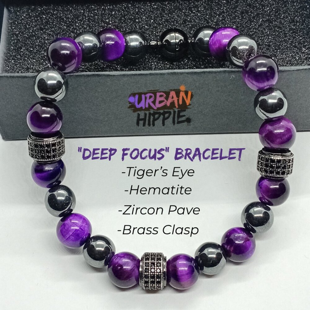 Spiritual Bead Bracelet Purple Tiger's Eye Hematite Magnetic Clasp Men Women